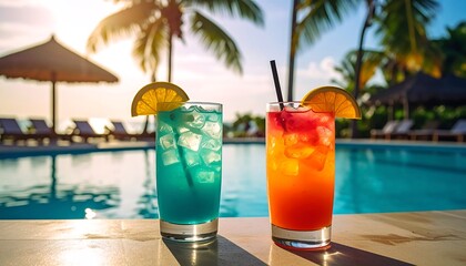 Two colorful cocktails by a pool, sunset backdrop