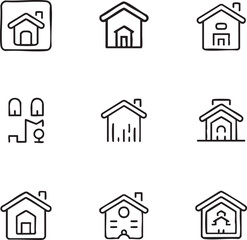 Nine minimalist black line art house icons in a grid layout home icon building icon