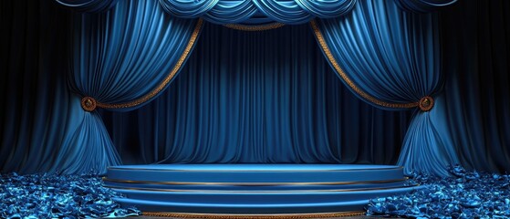 Royal blue stage draped with opulent curtains.