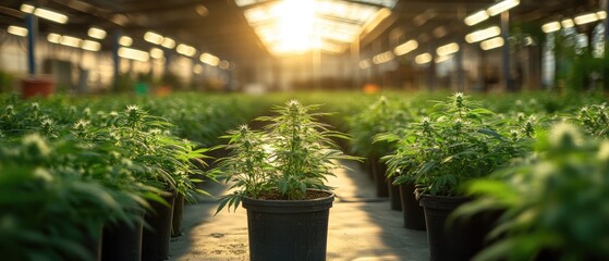 Indoor cannabis plants in rows under a greenhouse.