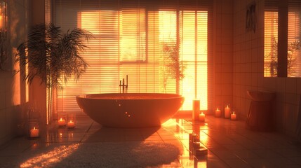 Warm, sunlit bathroom interior with a freestanding tub.