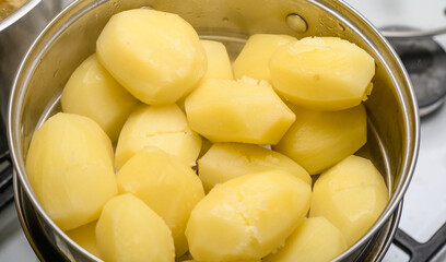 Close-up of steamed potatoes in a pot