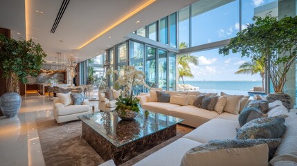 Obraz premium Bright, sunlit living space with expansive windows overlooking a stunning coastal view