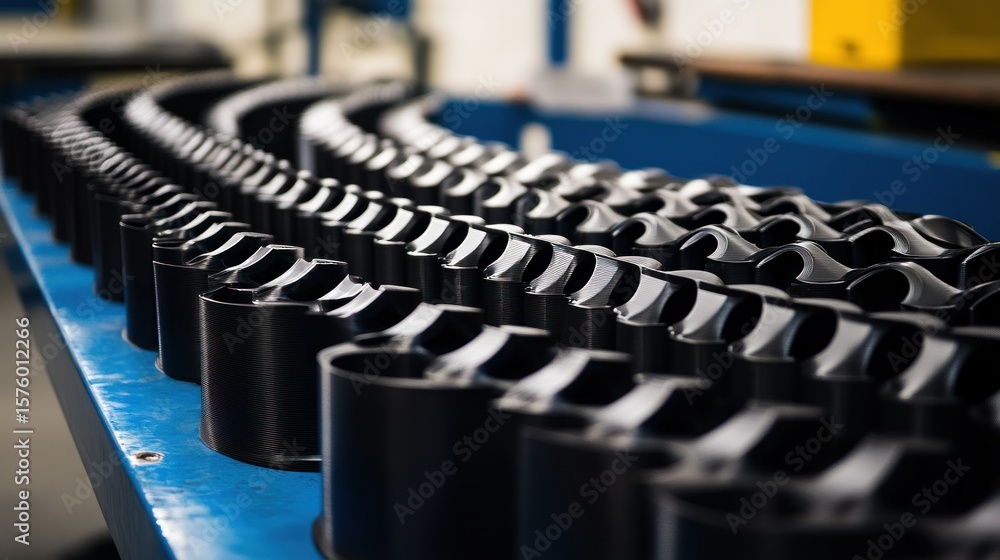 Poster precisely arranged, dark components in a manufacturing setting.