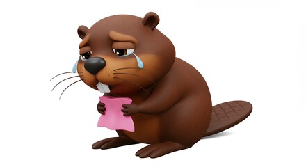 Sad cartoon beaver holding pink note