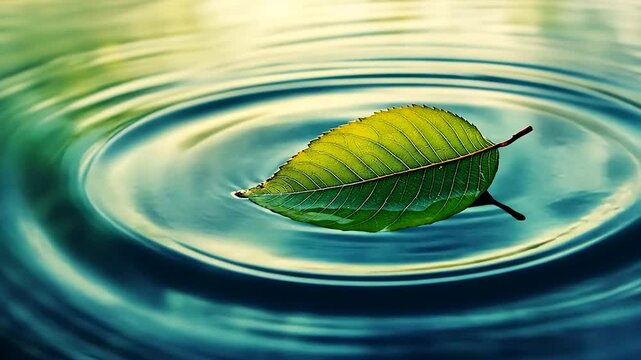 A vibrant green leaf rests gently on rippling water
