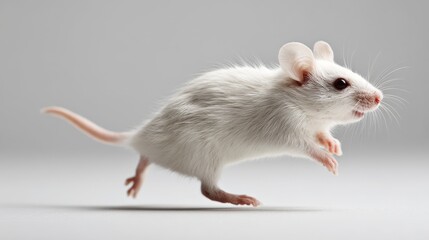 Mouse Running. Funny White Rodent with Long Tail in Domestic Setting