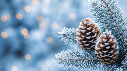 Frozen pine cones on frosted branches, winter scene.