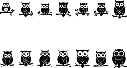 Fototapeta premium Adorable Kawaii Black and White Owls on Branches: Cute Vector Illustration Set