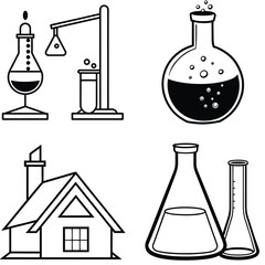 Vector art of a set of scientific and architectural illustrations showcasing laboratory equipment, a house with a chimney, and various chemical flasks