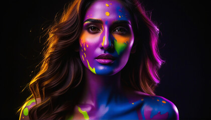 Stunning Woman with Vibrant Neon Body Paint and Glowing Face Art on Dark Background