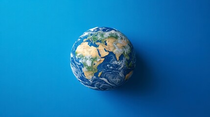 Overhead view of a small globe on a blue background.