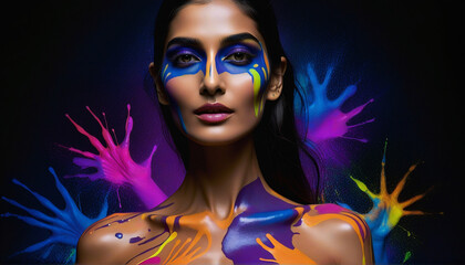 Stunning Woman with Vibrant Neon Body Paint and Glowing Face Art on Dark Background