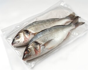 Fish packaged in clear vacuum-sealed bag with minimal design