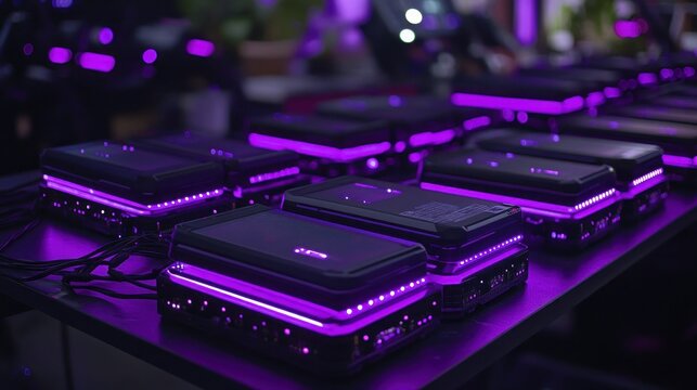 Array of illuminated, dark purple devices.