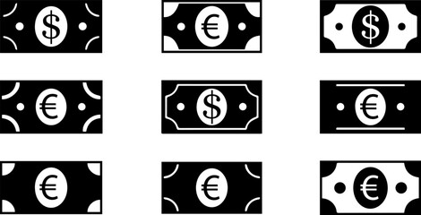 Dollar and Euro Banknote Icons: Black and White Set, Silhouette Vector EPS File