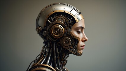 Futuristic cyborg woman portrait, ai generated female robot with mechanical parts design