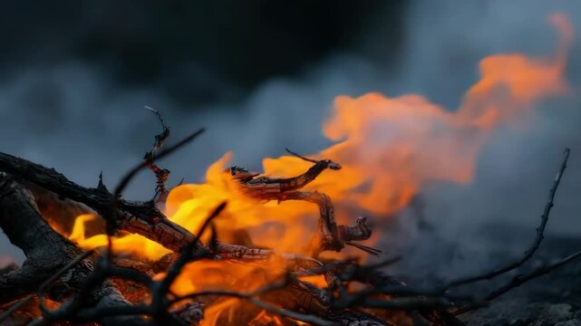 Bonfire Flames Dancing with Smoke Creating Warmth and Texture on Wood
