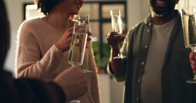 Hands, people and toast champagne at house for celebration, social gathering and New years party. Group, friends and cheers with wine glass, reunion and congratulations of good news at birthday event