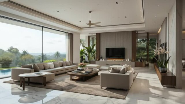 Modern living room with gleaming marble floors and tropical landscape views. 4k video