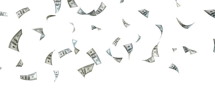 100 USA dollars bill falling from the sky on transparent
