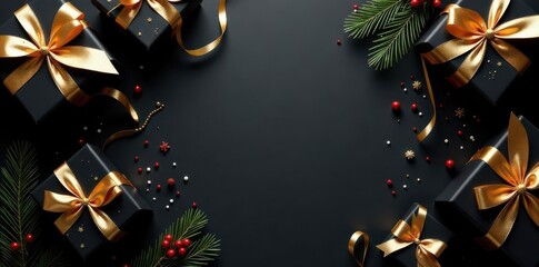 Luxury black & gold Christmas party supplies Flatlay, top view Gift boxes, ribbons , party, xmas