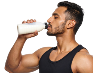 A muscular man in a black tank top drinks milk from a plastic bottle, showcasing strength and fitness.
