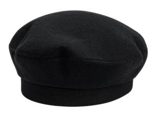 A classic black beret made of soft fabric with a rounded, flat crown and a snug band around the base.