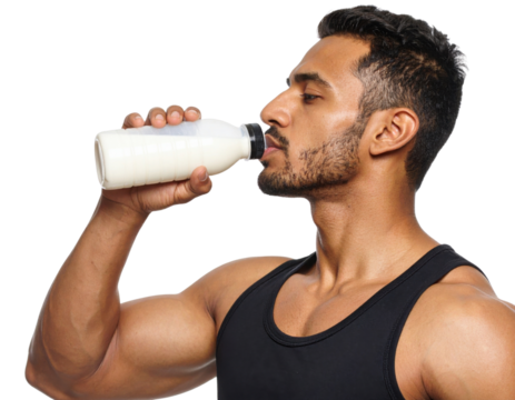 A muscular man in a black tank top drinks milk from a plastic bottle, showcasing strength and fitness. - Powered by Adobe