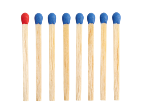 Eight wooden matches are aligned vertically, with one match head in red and the other seven in blue. - Powered by Adobe