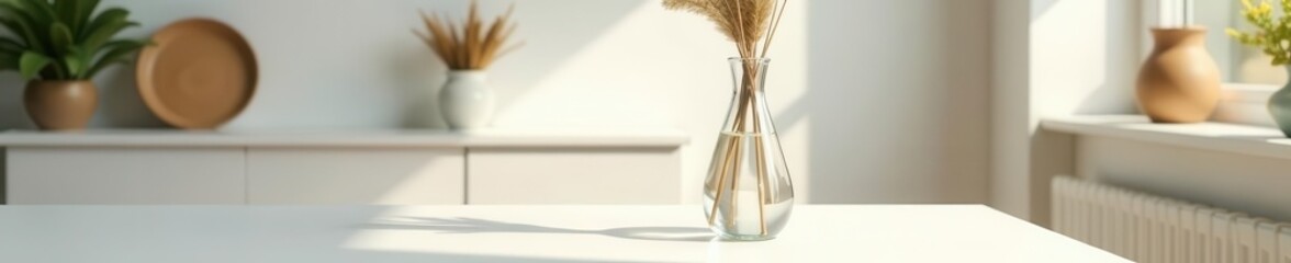 Sleek glass vase with dried grasses, sunlit White table, boho interior detail , table, rustic
