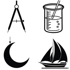 Vector art of a compilation of icons depicting science, navigation, and celestial bodies, including a drawing compass, a beaker with liquid, a crescent moon with a star, and a sailboat