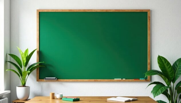 Sleek green chalkboard on pristine white wall, ready for notes , classroom, reminder