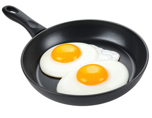 Two sunny side up eggs cooking in a black frying pan with a handle.