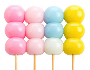Colorful pastel dango skewers arranged in four sticks with three round, glossy mochi balls each.