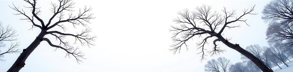 Stark, leafless tree branches silhouette against brilliant white winter sky, deciduous, clean, sky
