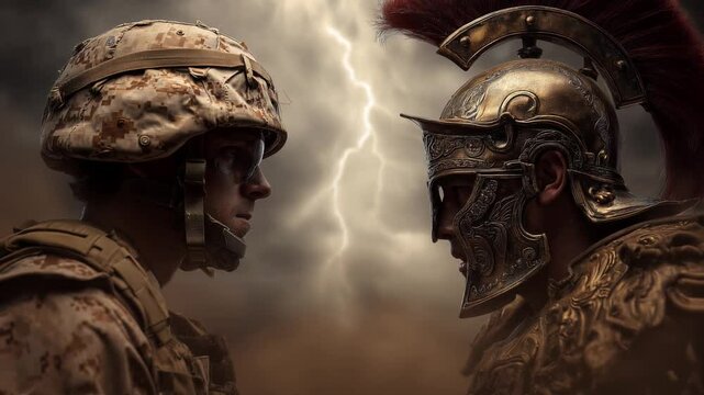 us marine soldier facing spartain gladiator warrior face to face