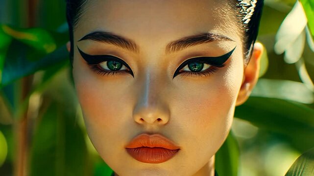 Close-up portrait of a woman with dramatic eye makeup and lush green background