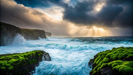 Powerful ocean waves crashing against mossy cliffs under dramatic sky
