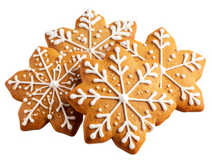 Two gingerbread cookies shaped like snowflakes, decorated with intricate white icing patterns.