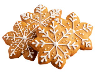Two gingerbread cookies shaped like snowflakes, decorated with intricate white icing patterns.