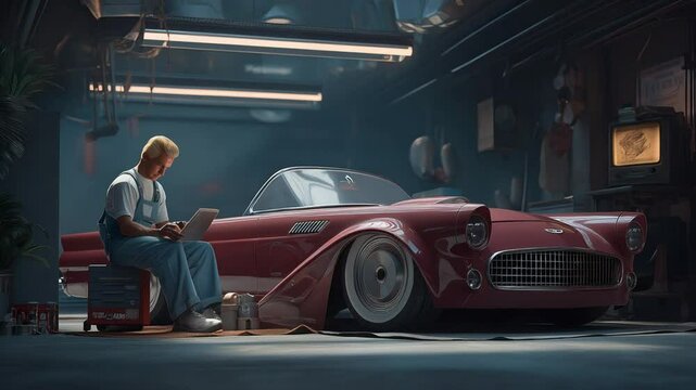 Experience the charm of classic car restoration in a garage filled with the nostalgic tunes of oldies music.