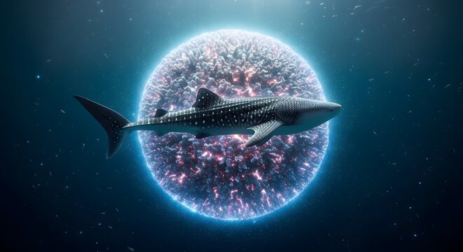 Whale Shark with Glowing Coral Globe Symbolizing Marine Biodiversity and Earth