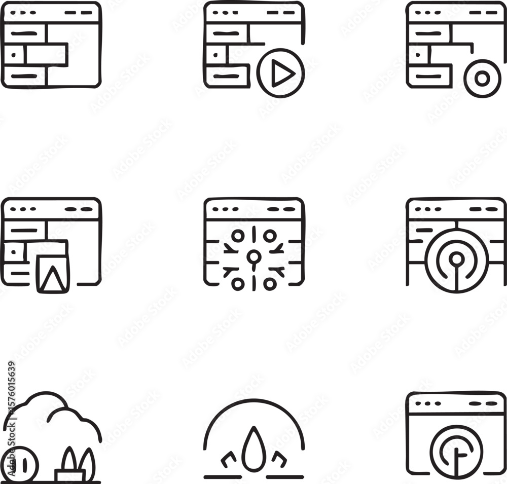 Poster nine minimalist line art icons representing web elements and concepts icon set web design