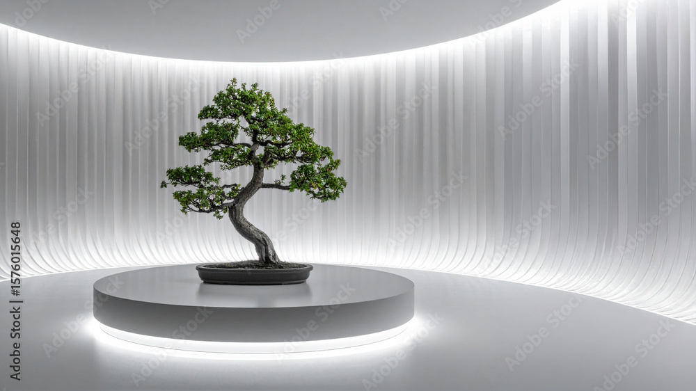 Poster a solitary, elegantly styled bonsai tree in a dark pot sits centered on a circular, illuminated whit