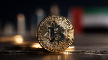 bitcoin coin with dubai skyline and uae flag in background