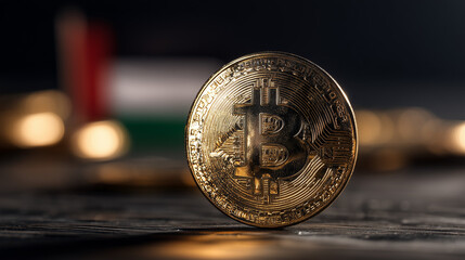 bitcoin coin with dubai skyline and uae flag in background