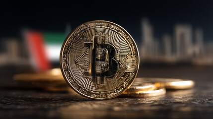 bitcoin coin with dubai skyline and uae flag in background