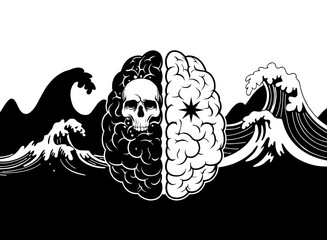 Bipolar concept featuring a brain split with a skull and waves, contrastic black and white vector illustration