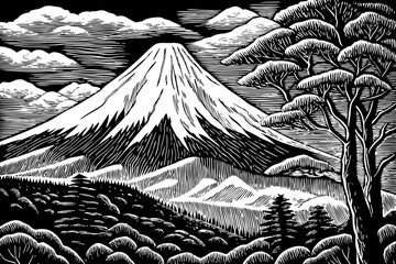 Mount Fuji, the iconic Japanese volcano with snowy peak and symmetrical shape, in a tranquil black and white line art illustration, ideal for cultural, travel, and landscape design